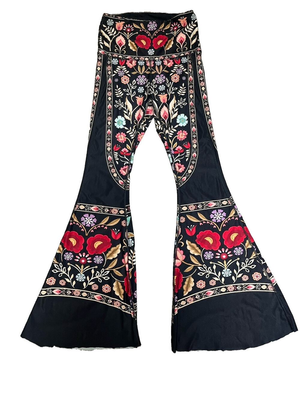 Yoga Democracy XS High Rise Flare Leggings Floral Boho USA *Cut Bottom Hem Festy